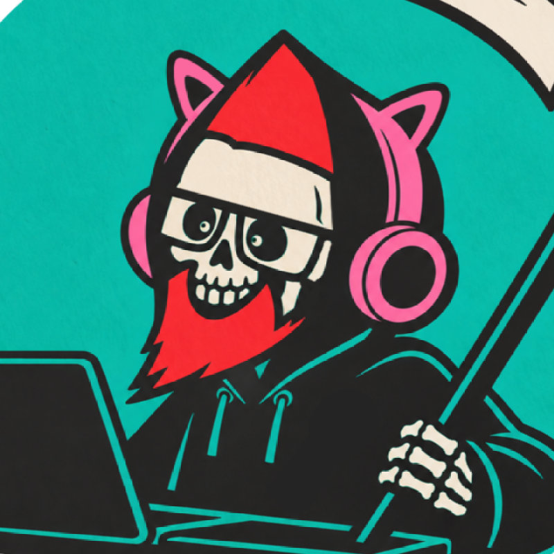 Go-gan's avatar: a cartoon skeleton with a red beard and pink cat-ear headphones working at a laptop